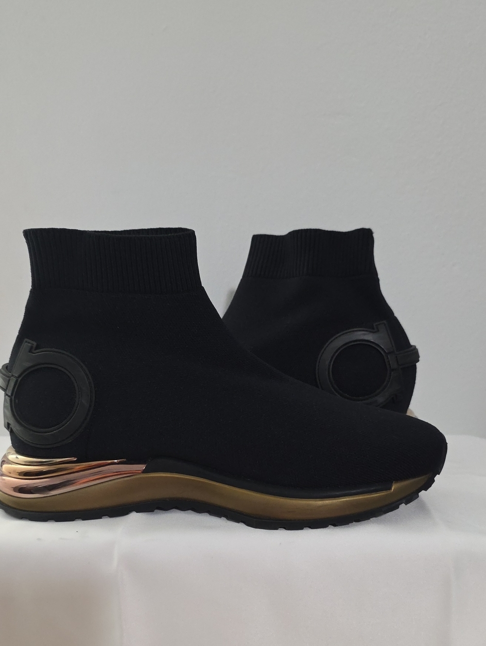 Salvatore Ferragamo Black Knit Slip-On Sneakers with Metallic Gold Sole